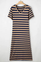 Women’s casual striped V-neck midi T-shirt dress by Trendsi featuring soft fabric and relaxed fit, perfect for everyday wear.