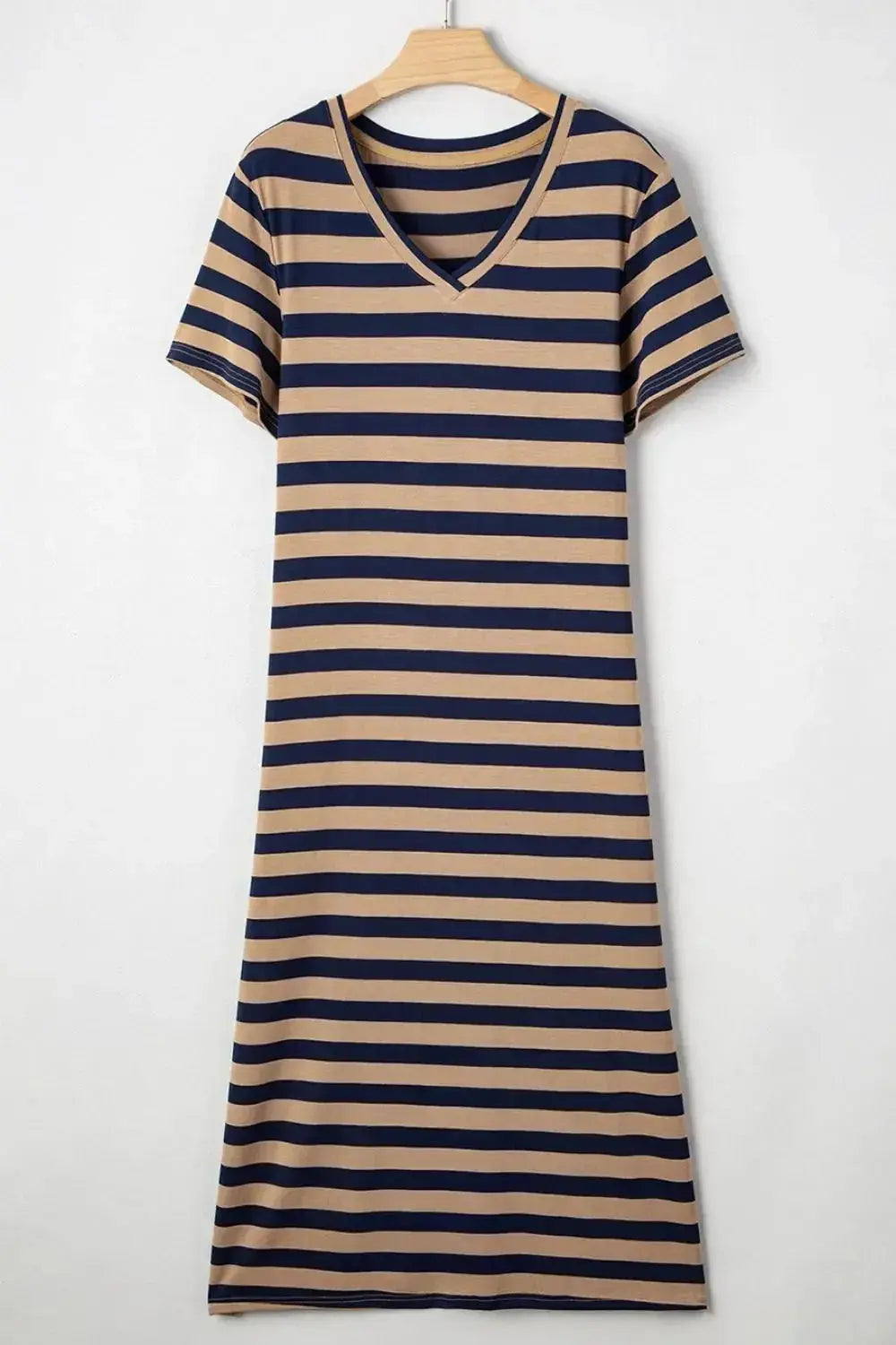 Women’s casual striped V-neck midi T-shirt dress by Trendsi featuring soft fabric and relaxed fit, perfect for everyday wear.