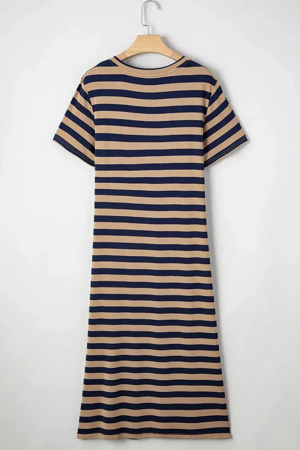 Women’s casual striped V-neck midi T-shirt dress by Trendsi, featuring a relaxed fit and comfortable fabric.