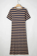 Women’s casual striped V-neck midi T-shirt dress by Trendsi, featuring a relaxed fit and comfortable fabric.