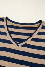Women’s casual striped V-neck midi T-shirt dress by Trendsi, featuring a relaxed fit and comfortable fabric, perfect for everyday wear.