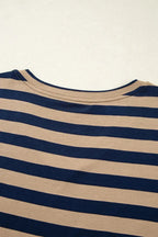 Women’s casual striped V-neck midi T-shirt dress by Trendsi, featuring a comfortable fit and stylish design.