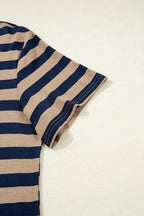 Women’s casual striped V-neck midi T-shirt dress by Trendsi, featuring a comfortable fit and stylish design, perfect for everyday wear.