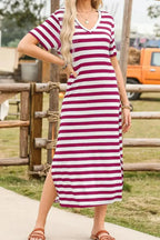 Women’s casual striped V-neck midi T-shirt dress by Trendsi, featuring a comfortable fit and stylish design.