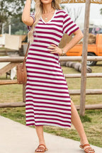 Women’s casual striped V-neck midi T-shirt dress by Trendsi featuring a relaxed fit and soft fabric in a stylish striped pattern.