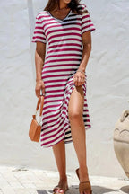 Women's casual striped V-neck midi T-shirt dress by Trendsi, featuring a comfortable fit and stylish design.