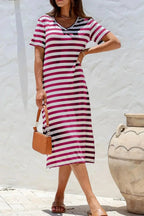 Women’s casual striped V-neck midi T-shirt dress by Trendsi, featuring a comfortable fit and stylish design.