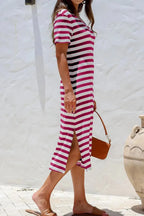 Women’s casual striped V-neck midi T-shirt dress by Trendsi, featuring a comfortable fit and stylish design.