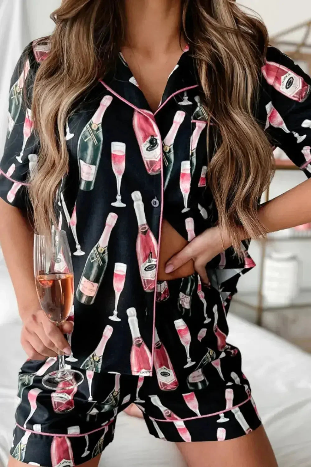 Women’s champagne print short sleeve pajama top and shorts lounge set by Plush Fashion Hub, featuring a stylish and comfortable sleepwear ensemble.