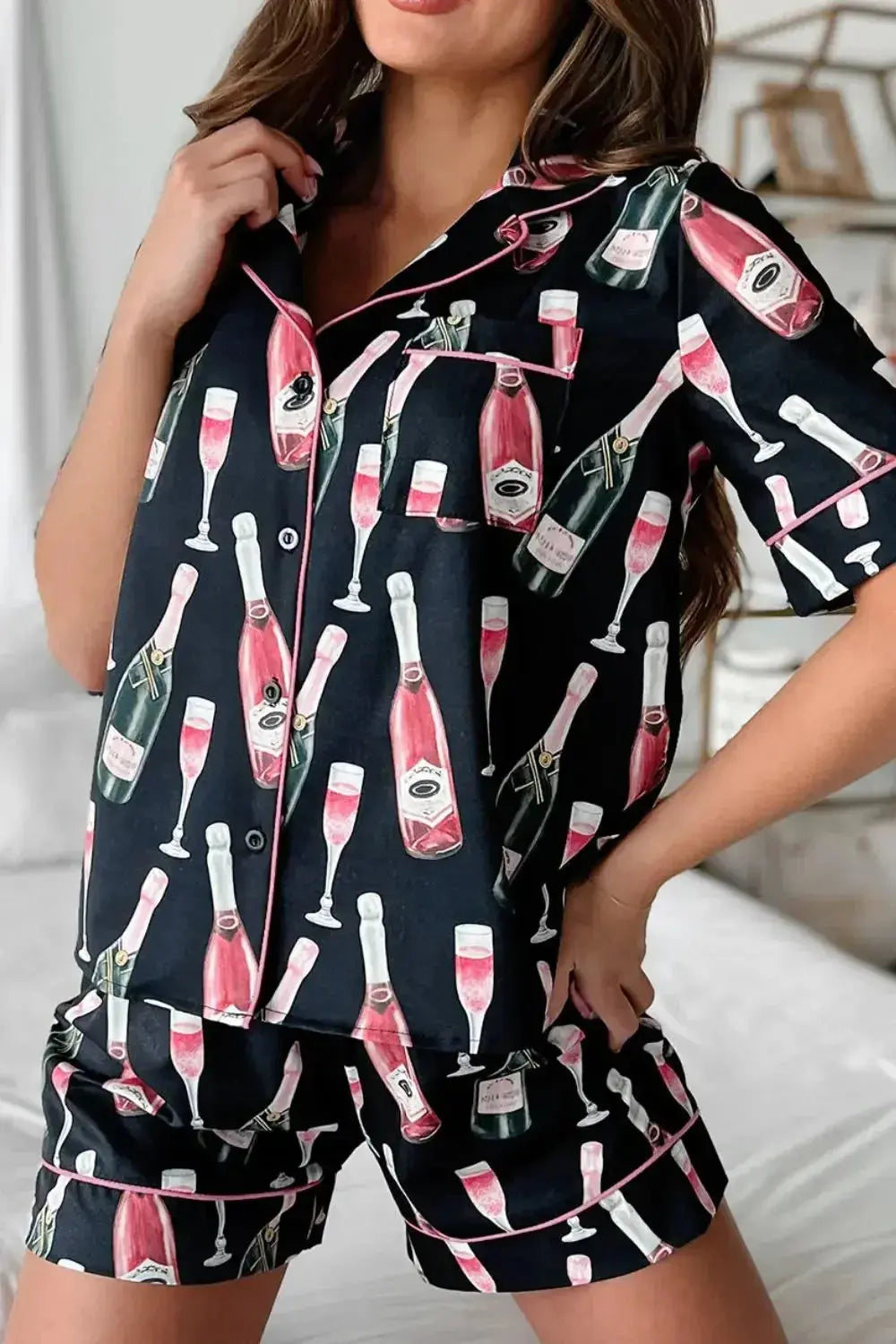 Women’s champagne print short sleeve pajama top and shorts lounge set by Plush Fashion Hub, comfortable sleepwear for relaxed nights.