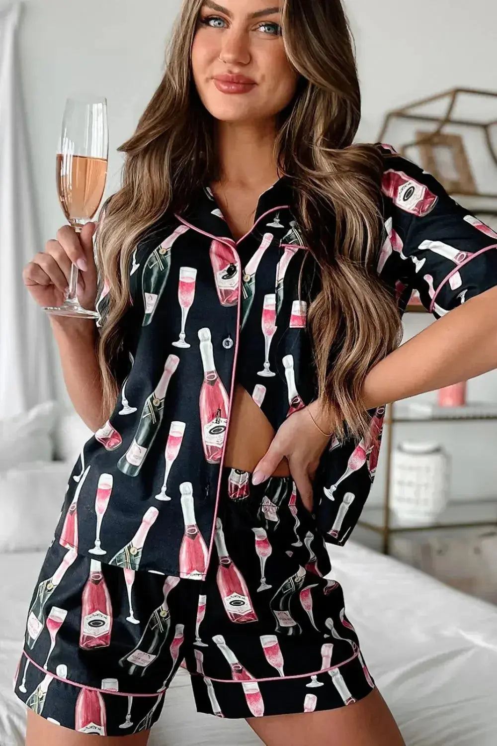 Women’s champagne print pajama top and shorts lounge set by Plush Fashion Hub, featuring short sleeves and comfortable fabric.