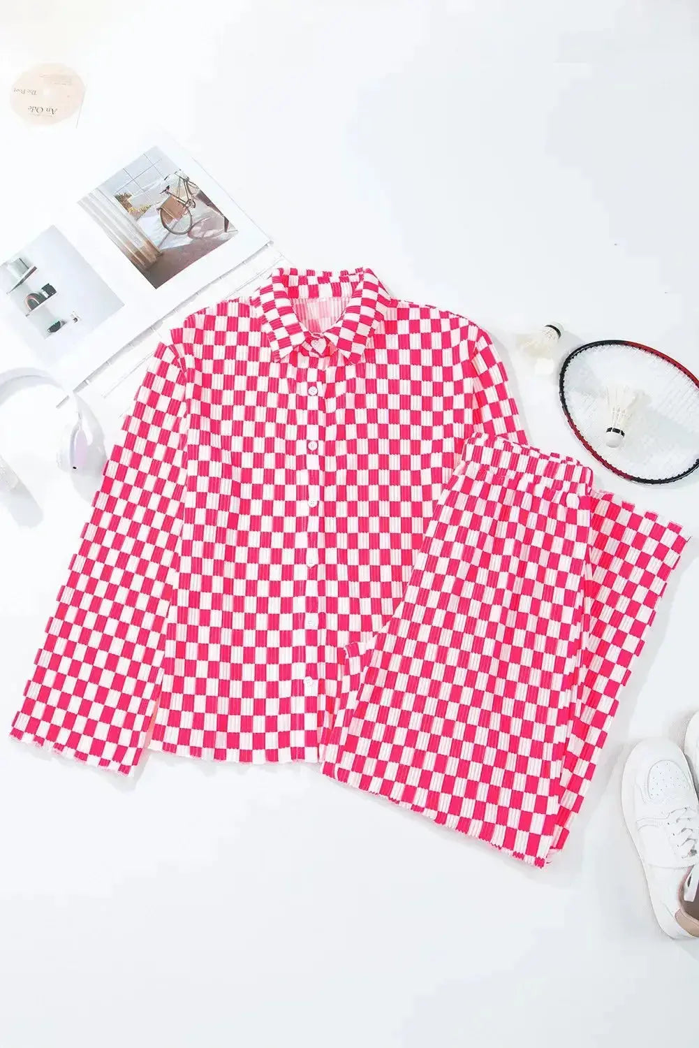 Women’s checkered button-up lounge pajamas set by Plush Fashion Hub, soft 2-piece sleepwear with a comfortable, casual fit.