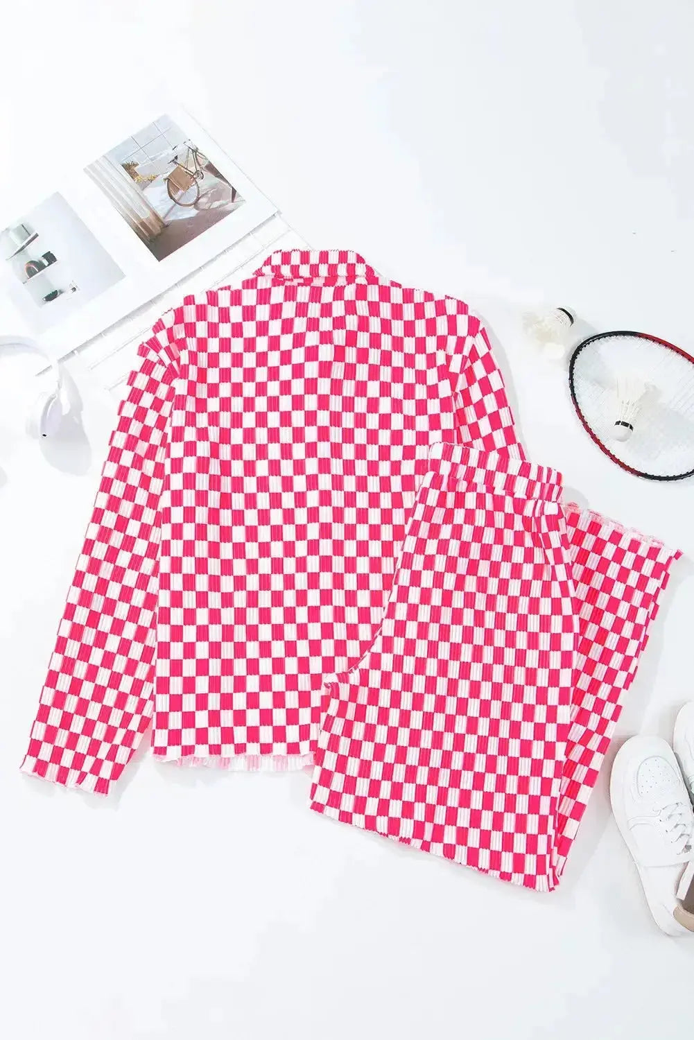 Women’s checkered button-up lounge pajama set by Plush Fashion Hub, soft 2-piece sleepwear with relaxed fit and cozy fabric.