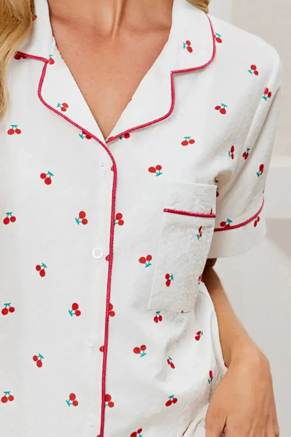 Women’s cheery print pajama top and shorts lounge set by Plush Fashion Hub, featuring a collared button-down design and comfortable fit.