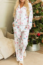 Women’s Christmas print long sleeve collared pajama lounge set by Trendsi featuring festive holiday pattern and cozy fabric.