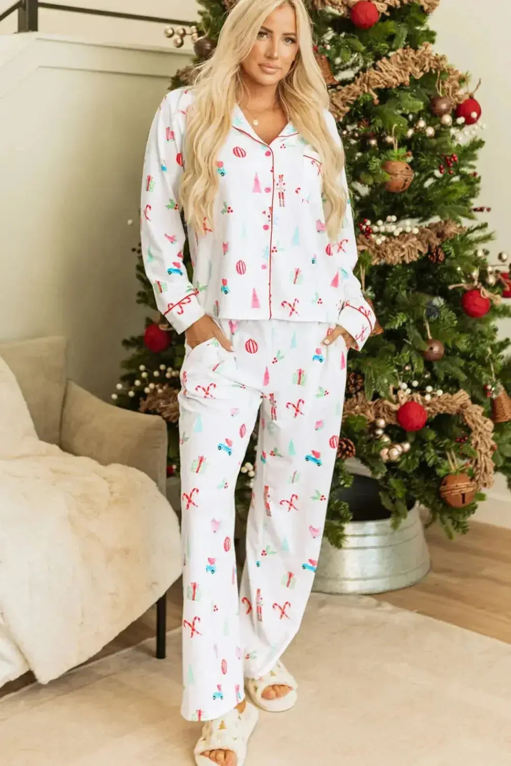 Women's Christmas print long sleeve collared pajama lounge set by Trendsi, featuring festive holiday-themed design and comfortable fit.