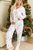 Women’s Christmas print long sleeve collared pajama lounge set by Trendsi, featuring festive holiday design and comfortable fabric.