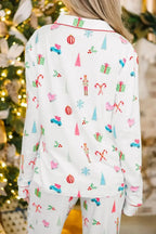 Women’s Christmas print long sleeve collared pajama lounge set by Trendsi, featuring festive holiday design and comfortable fabric.