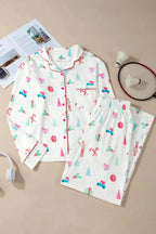 Women's Christmas print long sleeve collared pajama lounge set by Trendsi, featuring festive holiday pattern and comfortable fabric.
