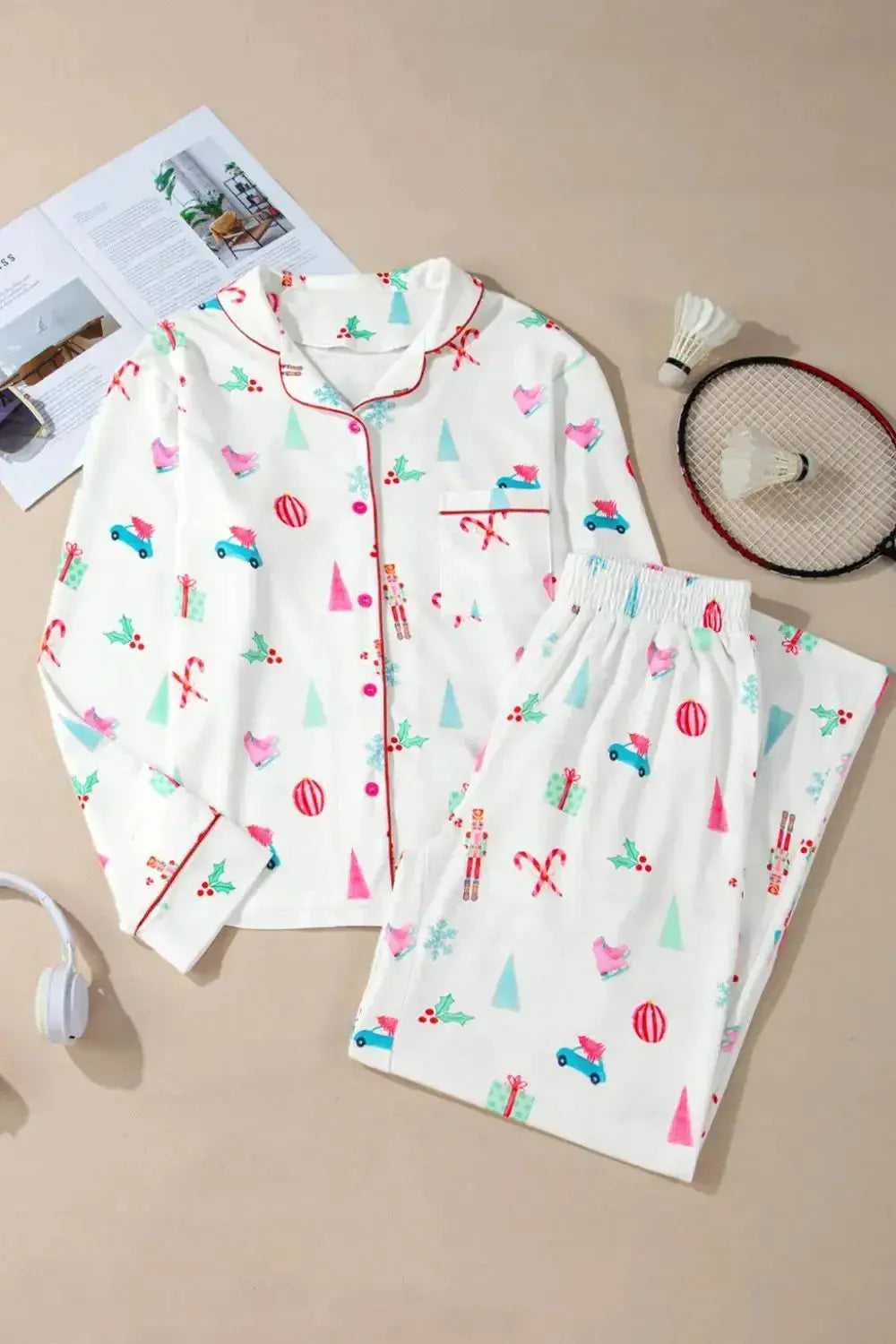 Women's Christmas print long sleeve collared pajama lounge set by Trendsi, featuring festive holiday pattern and comfortable fabric.