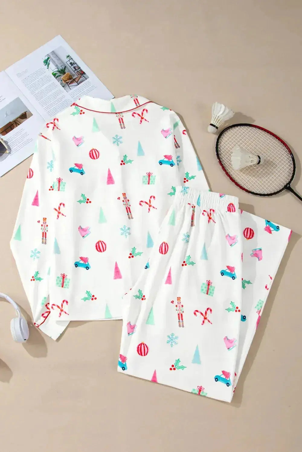 Women's Christmas print long sleeve collared pajama lounge set by Trendsi, featuring festive holiday pattern and comfortable fabric.