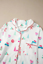 Women’s Christmas print long sleeve collared pajama lounge set by Trendsi, featuring festive holiday pattern and comfortable fabric.