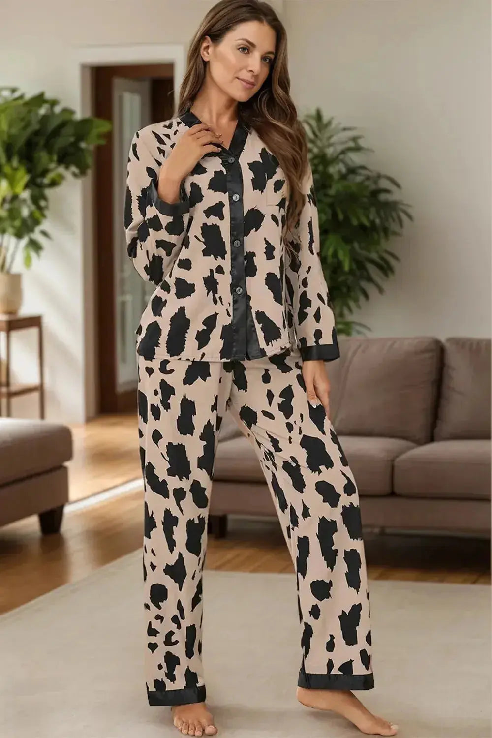 Women’s classic long sleeve button-down pajama set by Plush Fashion Hub, soft lounge wear with a relaxed fit and cozy fabric.