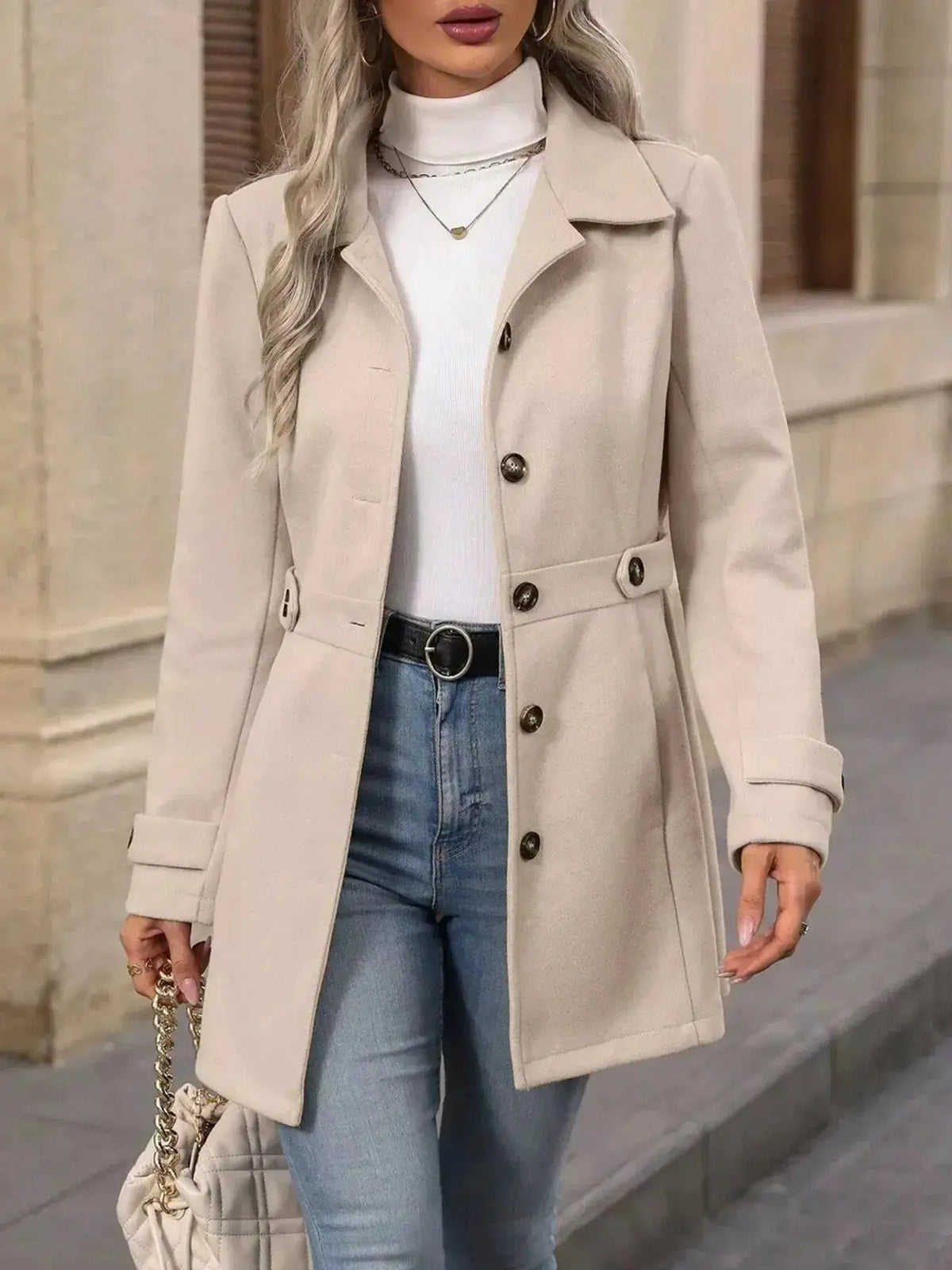 Women's long sleeve layering coat with button-front design by Plush Fashion Hub, ideal for transitional outerwear.