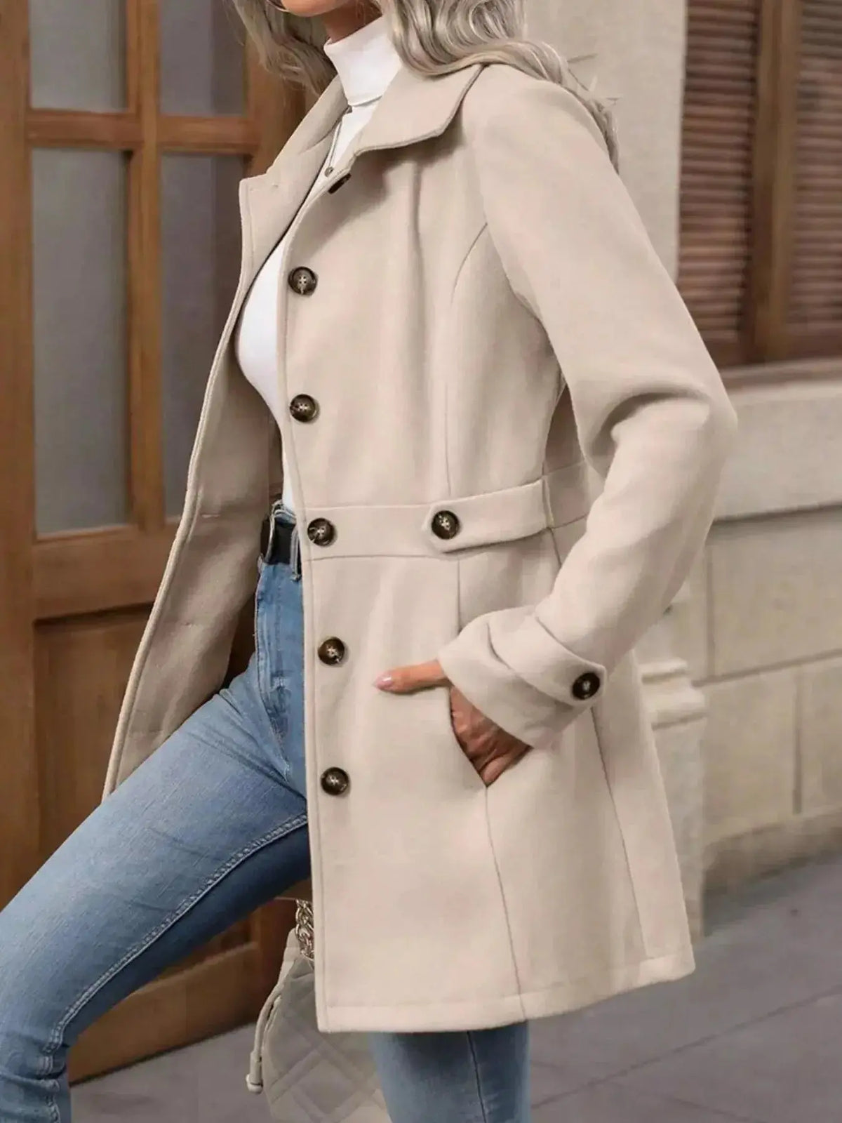 Women's long sleeve button-front layering coat by Plush Fashion Hub, stylish transitional outerwear with classic design.