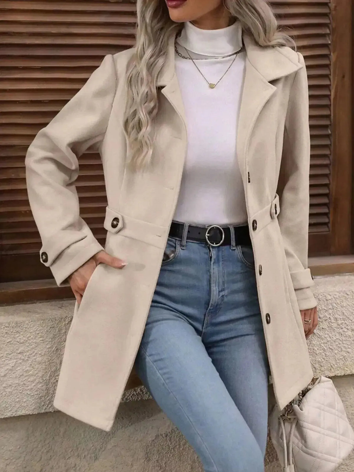Women's long sleeve button-front layering coat by Plush Fashion Hub, stylish transitional outerwear for versatile winter looks.