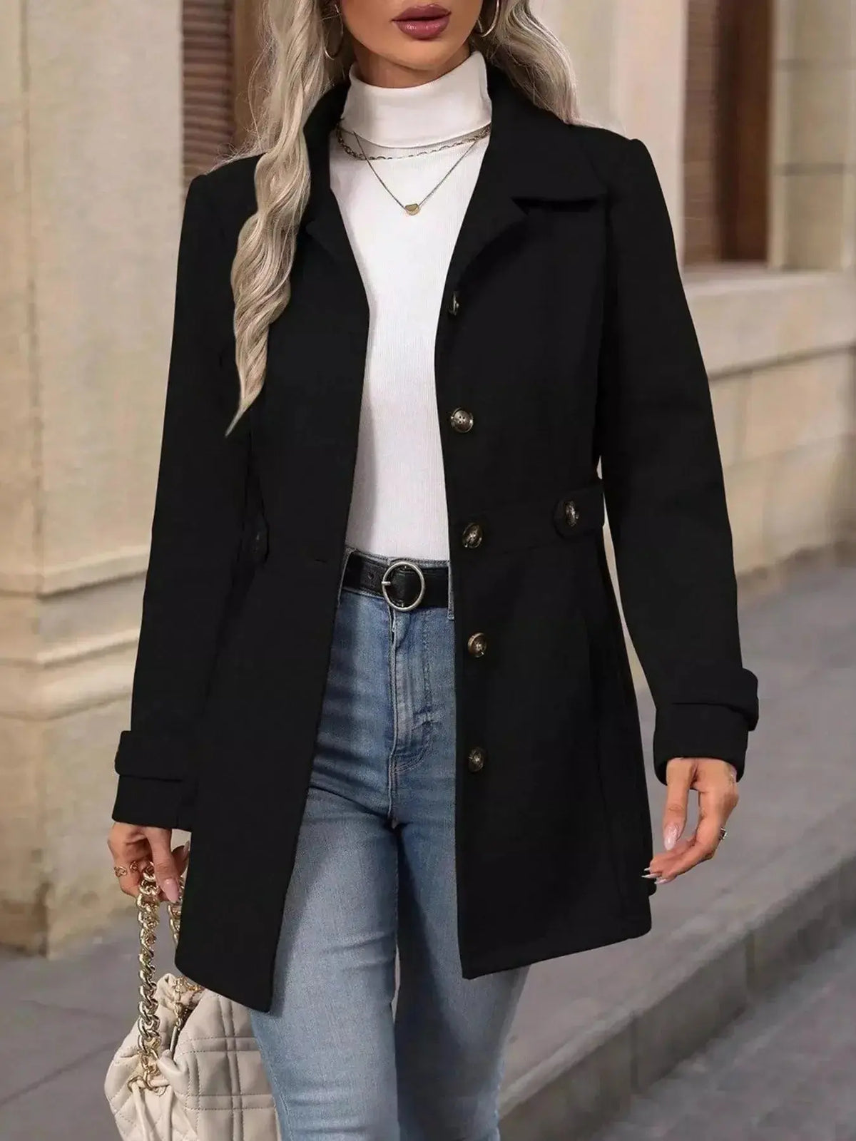 Women's Plush Fashion Hub button-front long sleeve layering coat, stylish transitional outerwear for women.