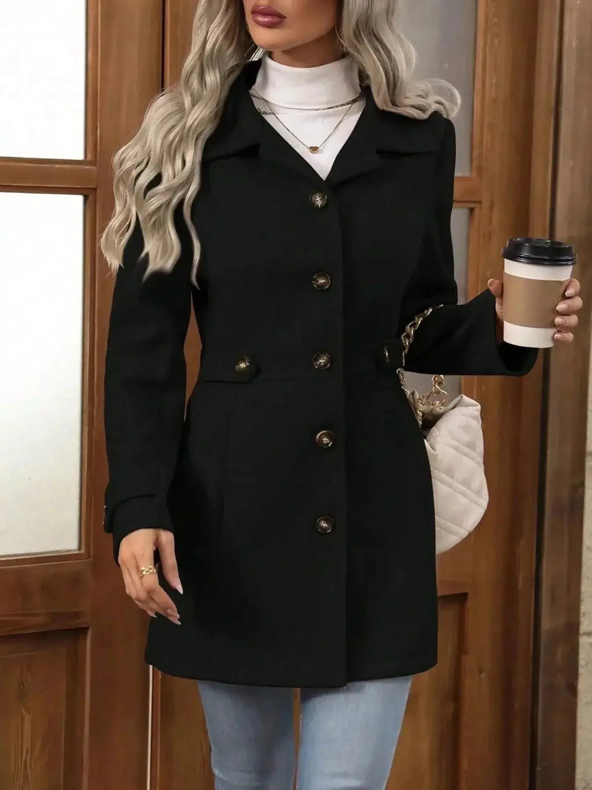 Women's long sleeve button-front layering coat by Plush Fashion Hub, stylish transitional outerwear for versatile seasonal wear.
