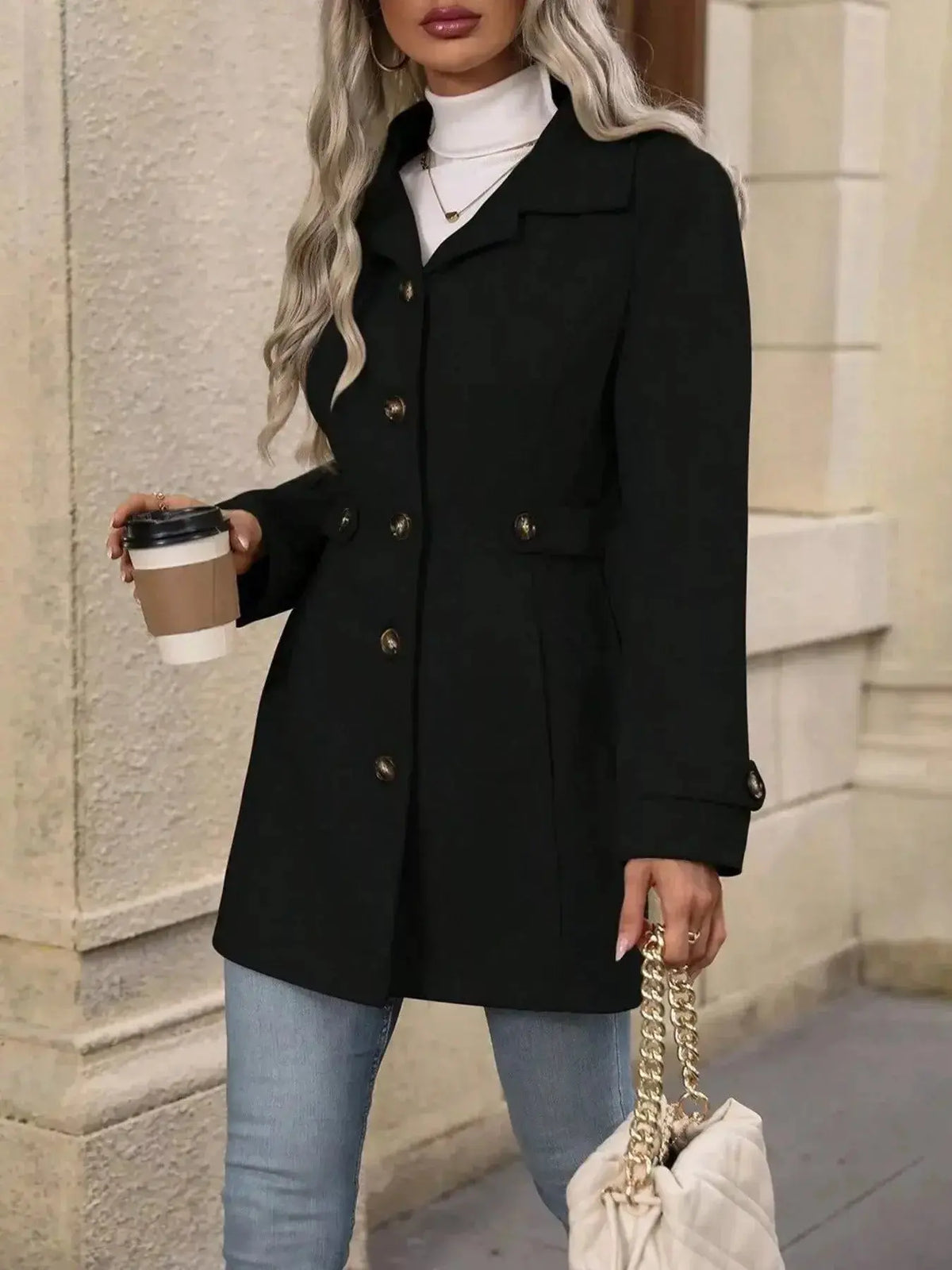 Women's long sleeve button-front layering coat by Plush Fashion Hub, stylish transitional outerwear in classic design.