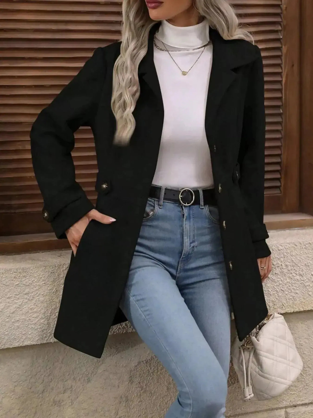 Women's classic button-front long sleeve layering coat by Plush Fashion Hub, stylish transitional outerwear for fall and winter.