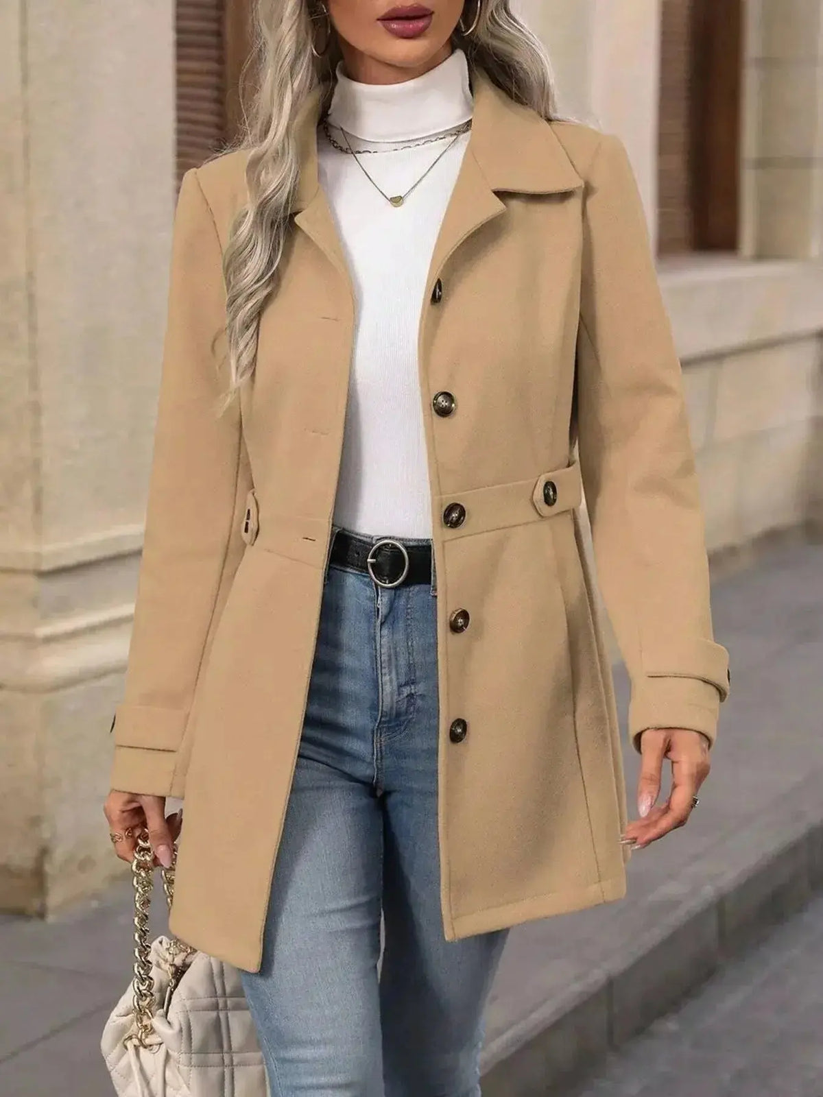 Women's long sleeve button-front layering coat by Plush Fashion Hub, stylish transitional outerwear for fall and winter.