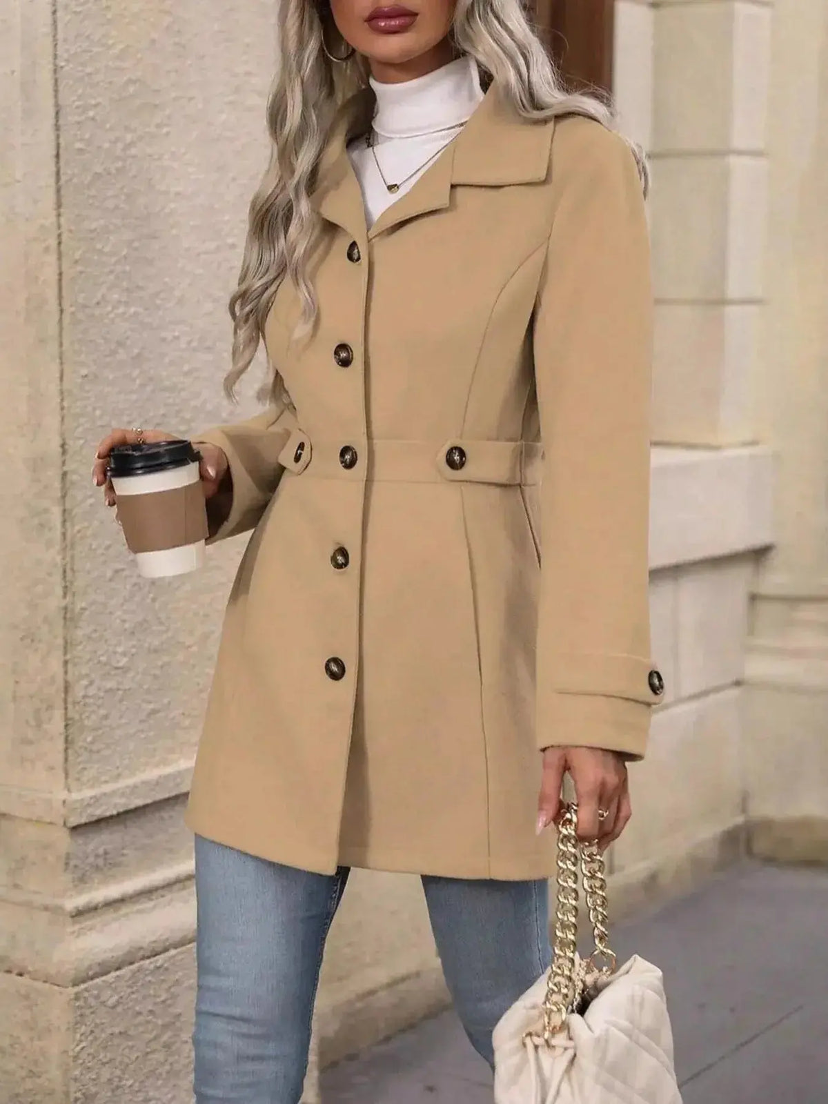 Women’s classic button-front long sleeve layering coat by Plush Fashion Hub, stylish transitional outerwear for women.