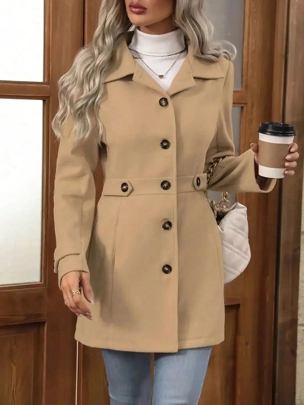 Women’s long sleeve layering coat by Plush Fashion Hub featuring classic button-front design and versatile transitional outerwear.