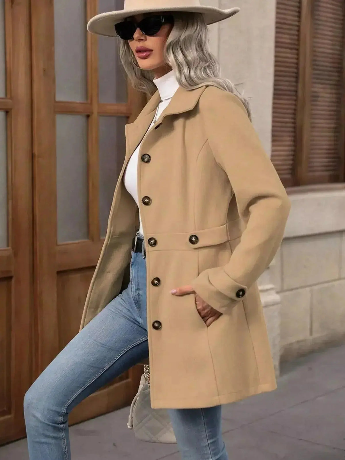 Women’s long sleeve button-front layering coat by Plush Fashion Hub, stylish transitional outerwear for women.