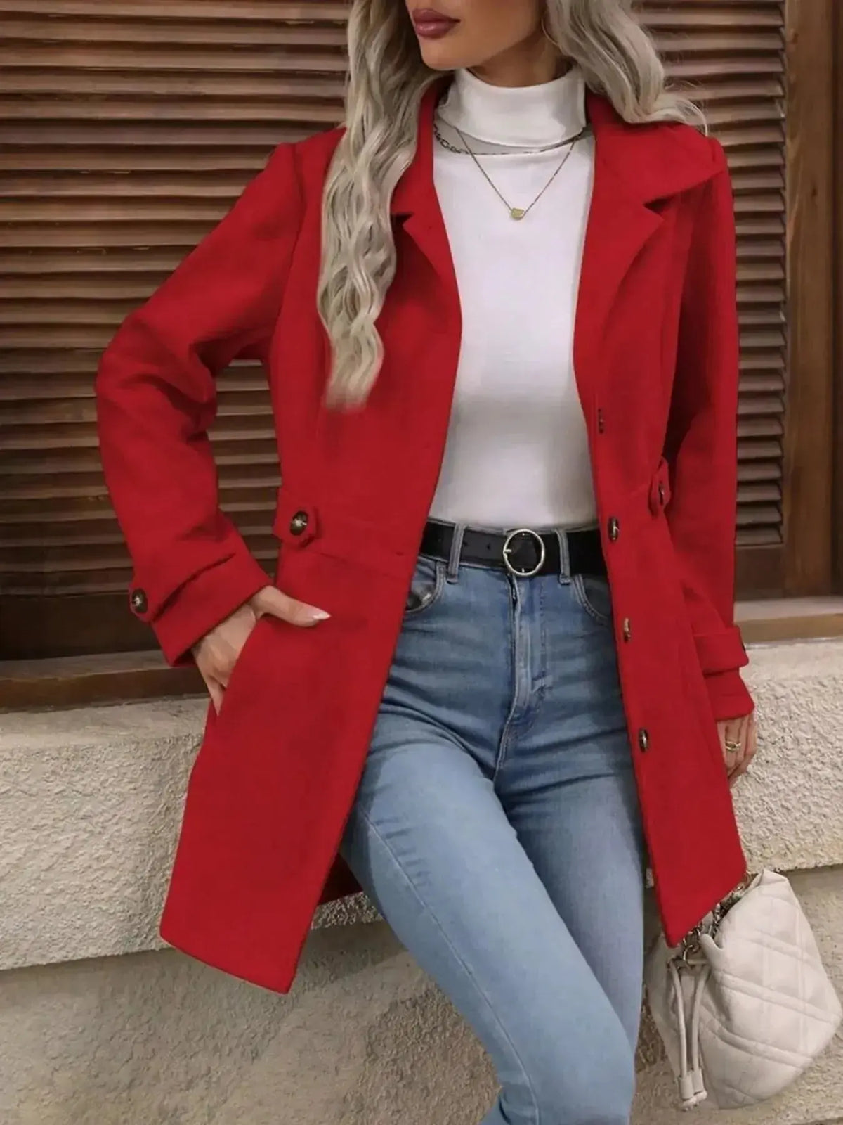 Women’s classic button-front long-sleeve layering coat by Plush Fashion Hub, shown as a stylish transitional outerwear piece.