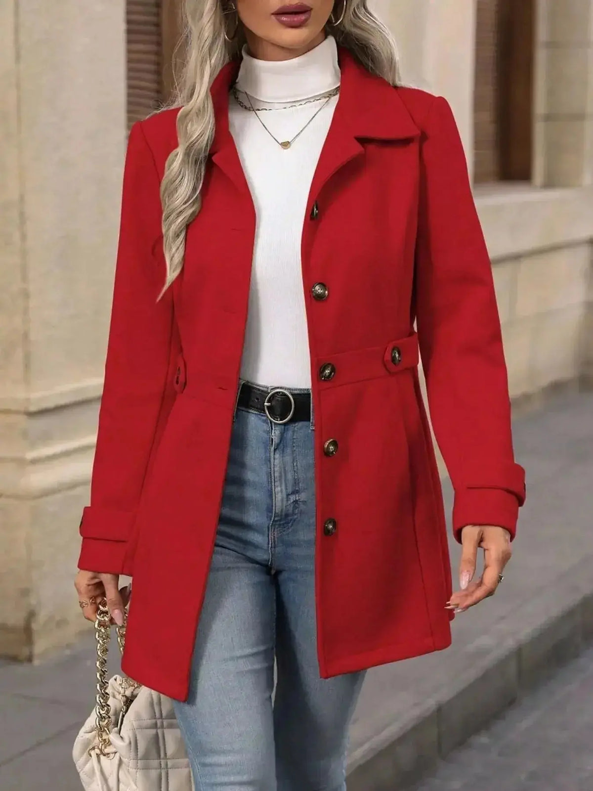 Women’s classic button-front long sleeve layering coat by Plush Fashion Hub, stylish transitional outerwear for women.