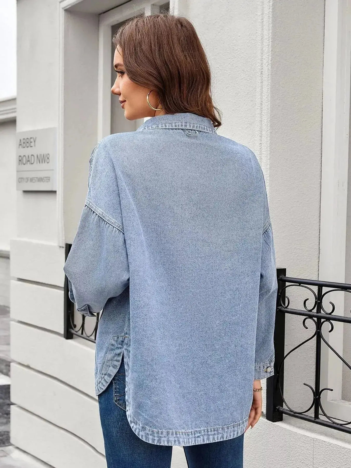 Women’s classic long sleeve denim shirt by Plush Fashion Hub with button-up front and premium cotton blend fabric.