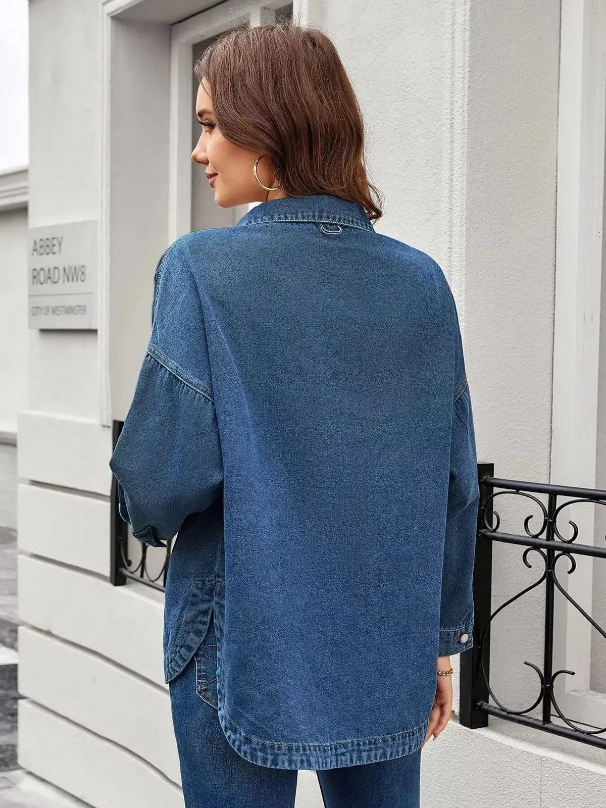 Women’s classic long sleeve denim shirt by Plush Fashion Hub, made of premium cotton blend, featuring button-up front and casual style.