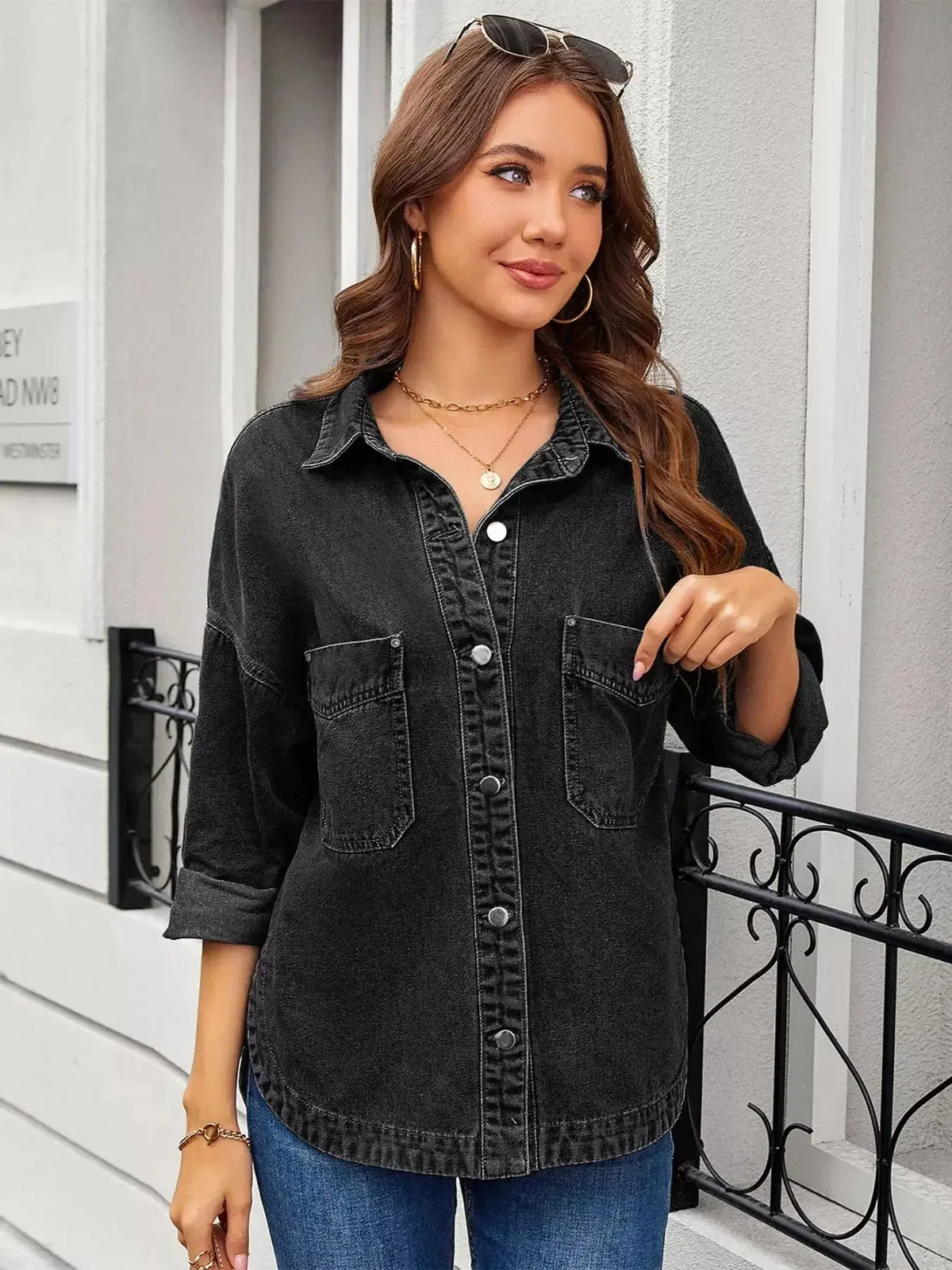 Women’s classic long sleeve denim shirt by Plush Fashion Hub, made from premium cotton blend, featuring button-up front and casual style.
