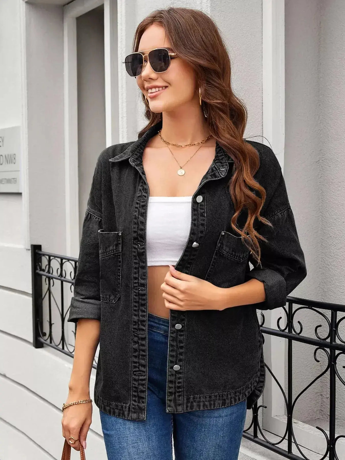 Women’s classic long sleeve denim shirt by Plush Fashion Hub, featuring button-up front and premium cotton blend fabric.