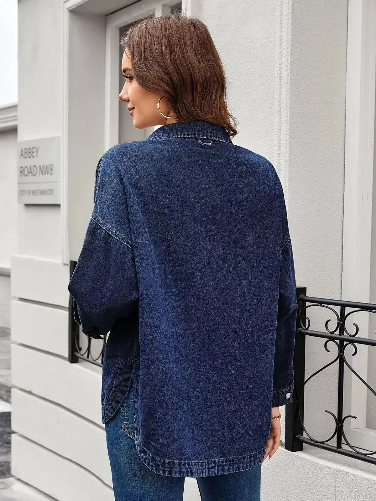 Women’s classic long sleeve denim shirt by Plush Fashion Hub, made from premium cotton blend, featuring button-up front and traditional style.