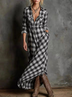 Women's plaid button-down maxi dress with pockets by Trendsi, featuring a classic design and long sleeves.