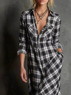 Women’s classic plaid button-down maxi dress with pockets, trendy and comfortable, perfect for casual wear and relaxed style.