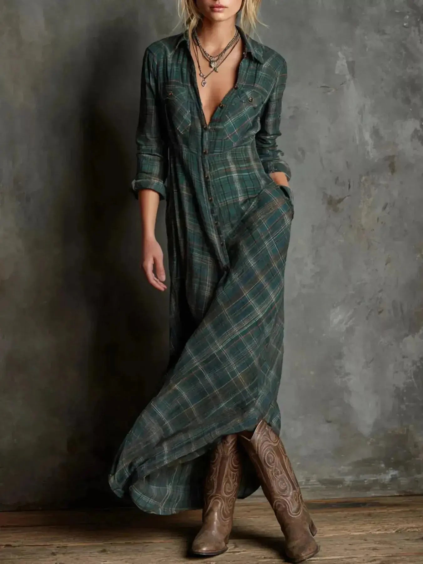 Women's classic plaid button-down maxi dress by Trendsi featuring a relaxed fit and convenient side pockets.