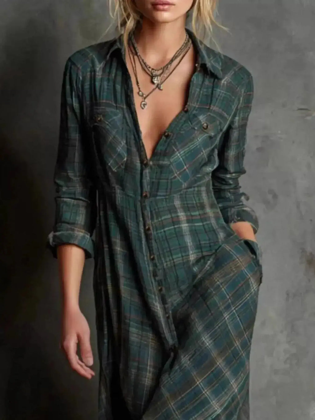 Women's classic plaid button-down maxi dress by Trendsi, featuring a relaxed fit with pockets and a stylish collar.