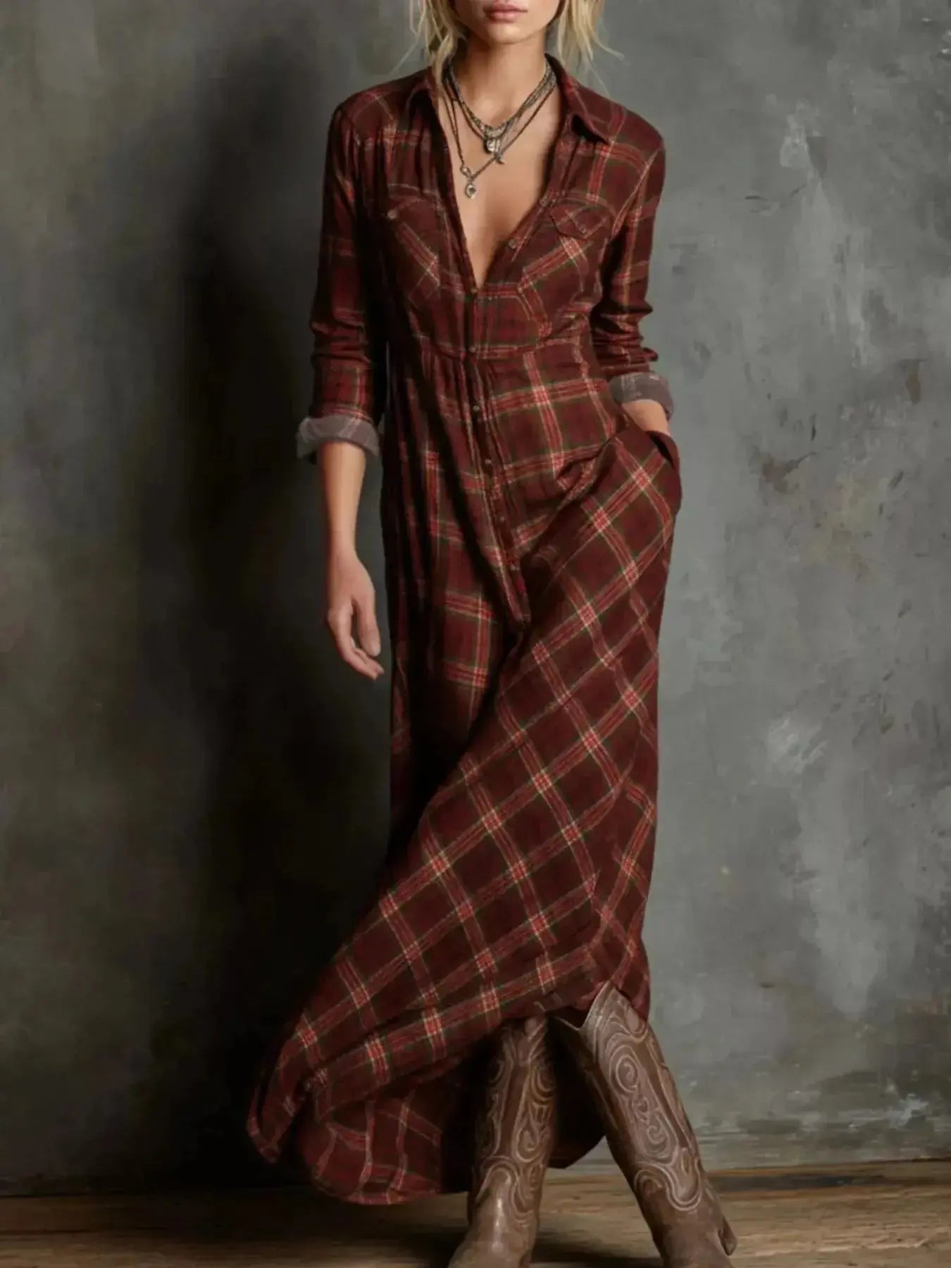 Women's plaid button-down maxi dress with pockets by Trendsi, featuring a classic design and long sleeves.